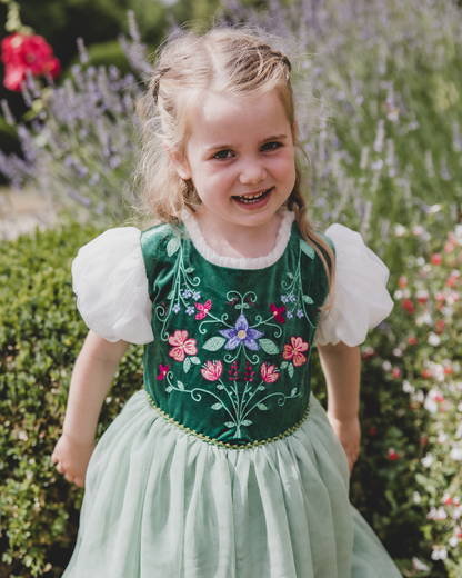 green velvet, fairy tale, flower fairy princess dress 
