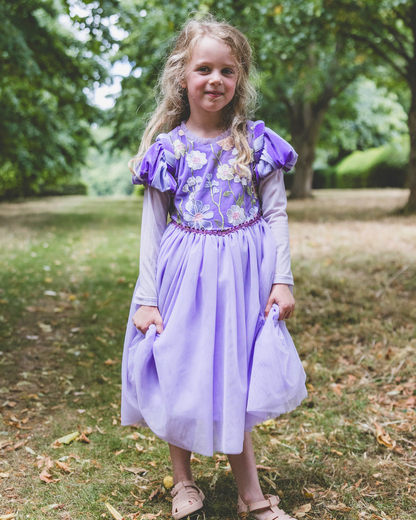 Rapunzel inspired princess dress with embroidered flower details, purple princess dress 