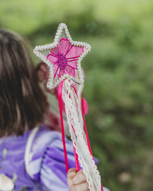 bright, pink, floral, embroidered flower fairy wand. children's fancy dress accessories 
